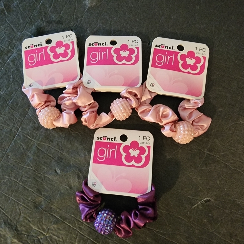4 Scunci Girls Satin Hair Ties Scrunchies Pink Purple With Rhinestone Beads New